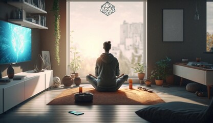 The person meditating in a yoga pose a home meditation.Generative AI.