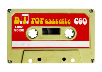 vintage cassette tape, retro recording media DJ pop cassette design label added , isolated