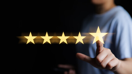 Woman give rating to service excellent experience on mobile phone application, Customer review satisfaction feedback survey concept. Client evaluate quality of service reputation ranking of business.