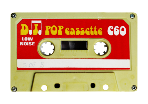 vintage cassette tape, retro recording media DJ pop cassette design label added , isolated