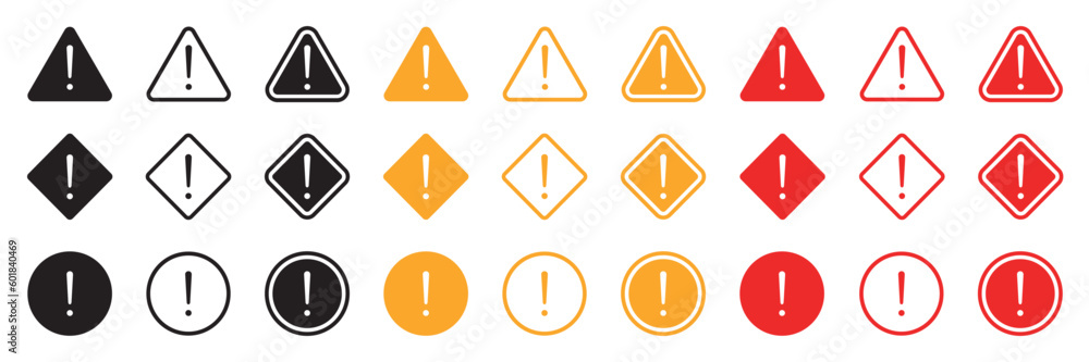 Aufkleber set of caution warning signs. warning symbols with exclamation mark, fatal error message, danger ico