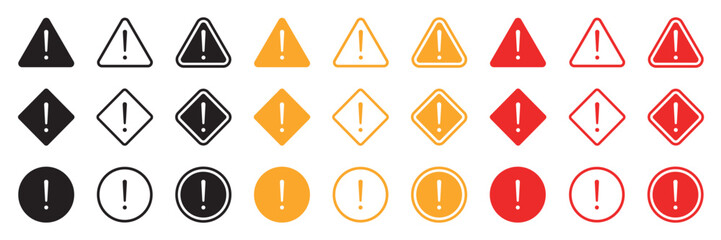 Set of caution warning signs. Warning symbols with exclamation mark, fatal error message, danger icons, attention sign. Vector.