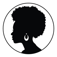 Round silhouette vector cameo of a black woman with an afro hairstyle and earrings - 601840674