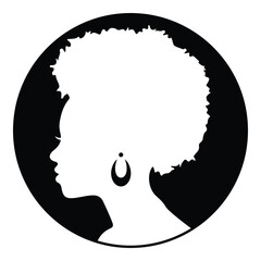 Round black and white cameo of a black woman with an afro hairstyle and earrings - 601840679