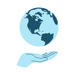 Hands holding planet, charity, donation, ecology, help concept, World Environment Day, Save the Earth, sustainability, ecological zero waste lifestyle. Flat modern illustration, isolated on the white 