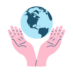 Hands holding planet, charity, donation, ecology, help concept, World Environment Day, Save the Earth, sustainability, ecological zero waste lifestyle. Flat modern illustration, isolated on the white 