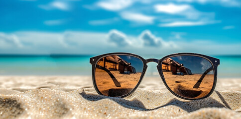 Fototapeta na wymiar Summer Holiday concept, sunglasses with reflection in the sand, Blue summer sky and ocean on the background, Tourist,travel on the beach with 