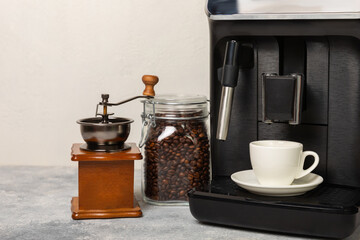 Modern espresso coffee machine with a cup in the interior of the kitchen. Machine for making fresh coffee.close-up. Coffee house concept. Place for text. Place to copy.