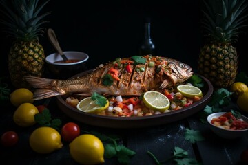 Fototapeta na wymiar Fresh red snapper cooked tropical-style with pico de gallo and pineapple. Generative AI