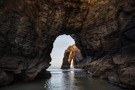Beach of the Cathedrals in Ribadeo, Lugo, Galicia. Also called Augas Santas beach. Cliffs and stone arches. nature monument.