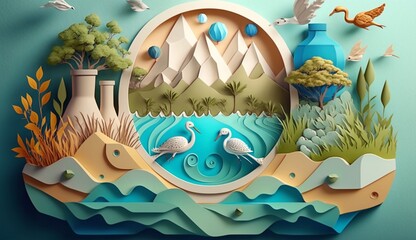 Paper art Saving water and world environmental day .Generative AI.