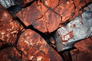 Rough, mountainous rock texture in dark red, orange, and brown shades, background wallpaper.