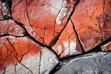 Fototapeta premium Rough, mountainous rock texture in dark red, orange, and brown shades, background wallpaper.