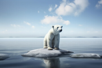 Obraz na płótnie Canvas Polar bear standing on small ice float surrounded by water. Climate change concept. Generative AI illustration