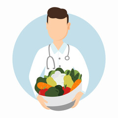 Nutritionist concept. Vector cartoon faceless doctor with vegetables and fruits bowl. Weight loss program and Diet plan. Nutrition therapy with healthy food.