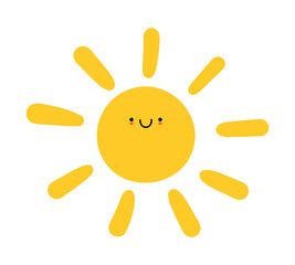 Cute sun character. Happy smiling sun, funny doodle sticker, summer symbol, weather sign, childish clip art element. Vector illustration isolated on white background