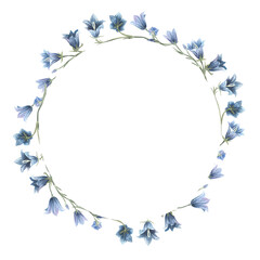 Hand painted watercolor circle wreath with drawn bluebells. Illustration for invitations, cards. isolated on white background