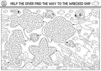 Under the sea black and white maze for kids geometrical sea horse, fish, seashell. Ocean line preschool printable activity. Water labyrinth coloring page. Help the diver find way to wrecked ship.