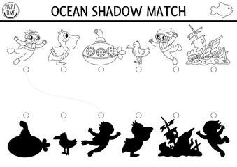 Under the sea black and white shadow matching activity. Ocean line puzzle with cute diver, submarine, pelican, wrecked ship. Find correct silhouette printable worksheet. Water animals coloring page.