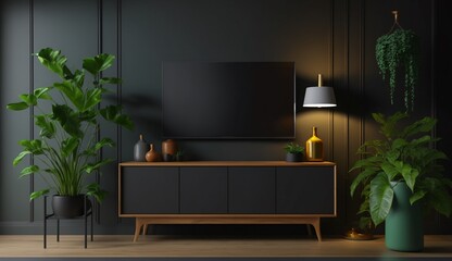 Cabinet TV in empty interior room, dark wall with wood shelf, lamp, plants and table wood. Generative AI.