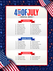 4th of July A4 restaurant food menu with sample item list with usa waving flag and pattern in the back. Vector illustration. 
