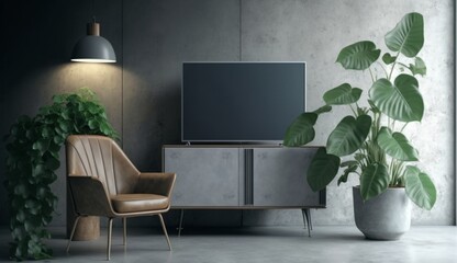 Cabinet TV in modern living room with armchair, lamp, table, flower and plant on concrete wall background. Generative AI.