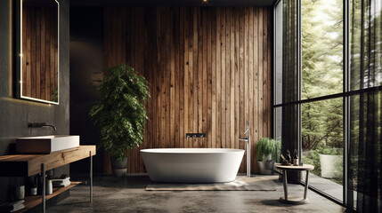 Modern Master Bathroom Interior Design with Concrete and Wood Panel Elements, Lush Plants and High End Accessories - Generative AI