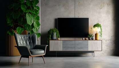 Cabinet TV in modern living room with armchair, lamp, table, flower and plant on concrete wall background. Generative AI.