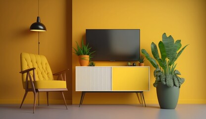 Cabinet TV in modern living room with armchair, lamp, table, flower and plant on yellow wall background. Generative AI.