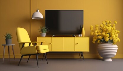 Cabinet TV in modern living room with armchair, lamp, table, flower and plant on yellow wall background. Generative AI.