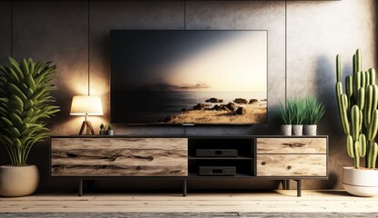 Cabinet TV in modern living room with decoration on wooden wall background. Generative AI.