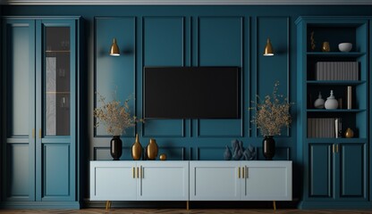 Cabinets and wall for tv in living room, blue walls. Generative AI.