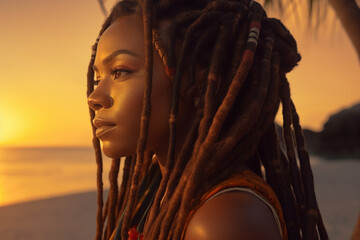 Beautiful African American woman with long black dreadlock hair outside on a tropical island beach looking at the ocean. 