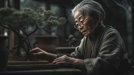 Obraz premium Old Japanese woman trimming a delicate Bonsai tree in greenhouse. generative AI