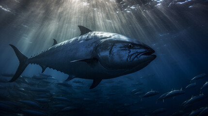 Fototapeta premium Bluefin tuna fish swimming in ocean water