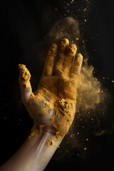 Human hand covered in gold powder dust. 