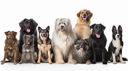 Group portrait of dogs of various shapes, sizes, and breeds. Stray pets with happy expression waiting for adoption. generative AI