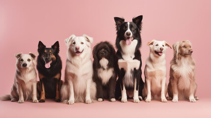 Group portrait of dogs of various shapes, sizes, and breeds. Stray pets with happy expression waiting for adoption. generative AI