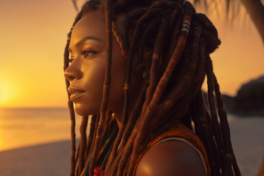 Beautiful African American woman with long black dreadlock hair outside on a tropical island beach looking at the ocean. 
