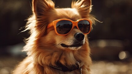 cool trendy posing dog with sunglasses looking up like a model. Summer concept. Image generated by artificial intelligence.