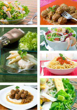Collage of food related pictures with salada fish meatballs and pasta