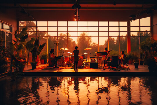 A Group Of Musicians Standing In An Old Large Indoor Pool