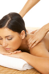 Obraz na płótnie Canvas Portrait of Fresh and Beautiful brunette woman taking massage