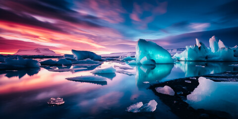 Icebergs with aurora borealis and reflections
