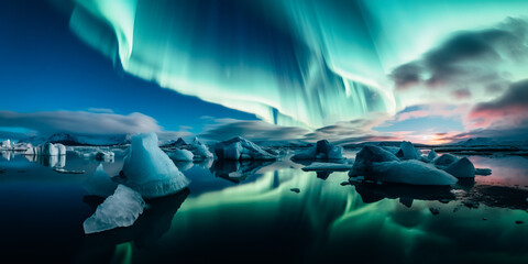 Icebergs with aurora borealis and reflections, glacial lagoon