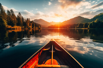 Paddle boat on beautiful lake at sunrise, mountains and forests in background