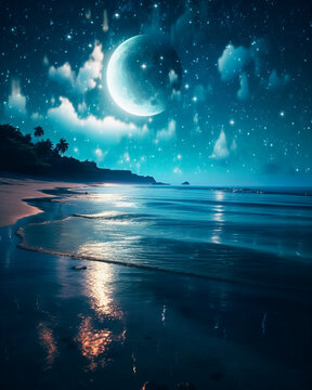 Stunning night image of the moon and thousands of stars over the ocean and beach