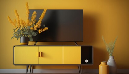TV on cabinet in modern living room with lamp, table, flower and plant on yellow wall background. Generative AI.