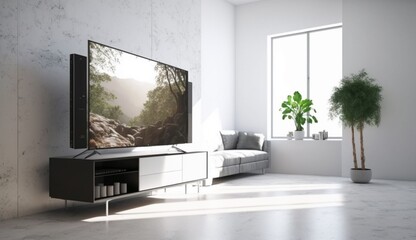 TV on the cabinet in modern living room on white wall background. Generative AI.