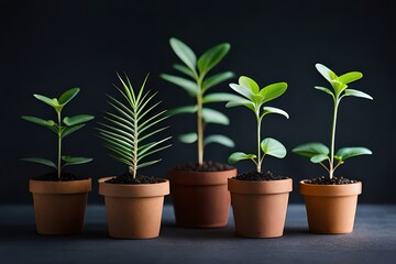Obraz premium Seedling plants in pots on black mono background generative ai